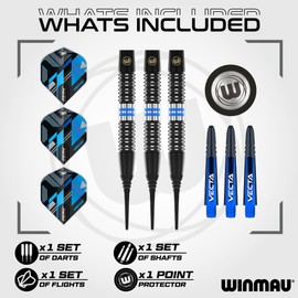 WINMAU Darts Galactics 18g Barrel / 20g Full Weight Soft Tip 90% Professional Tungsten Darts Set with Dart Flights and Dart Shafts (Stems)