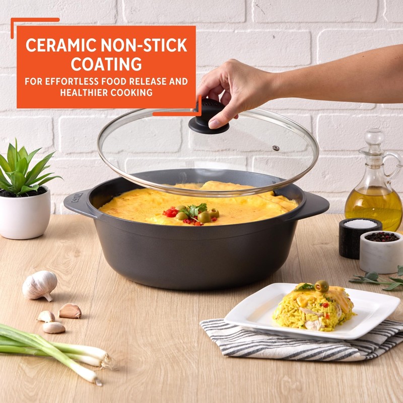 IMUSA Cocotte Cast Aluminum Ceramic Nonstick Caldero with Glass Lid,