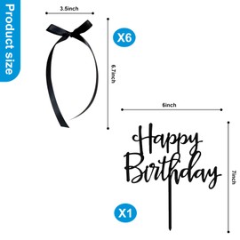 BRDXOOL Kuchendekorationsset mit schwarzen Schleifen – Happy Birthday-Schild, wiederverwendbar, Schwarz Vintage, geeignet für Geburtstag, Hochzeit (6 Schleifen, 1 Happy Birthday-Schild)