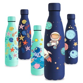 Vikastar Stainless Steel Water Bottle, 500 ml, BPA-Free Drinking Bottle, 3D Printed Thermos Flask, Leak-Proof Water Bottle for School, Bike, Camping, Fitness, Dark Blue Astronaut