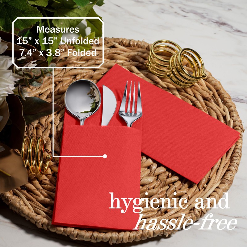 100-Pack Disposable Napkins With Pocket For Flatware, Red Napkins Paper