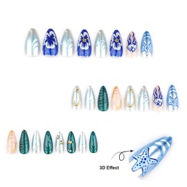 LPOODDNU 3D Ocean Press on Nails Medium Almond Fake Nails with Pearl Starfish Shell Jellyfish Designs Gradient Blue Stick on Nails Elegant Acrylic Glue on Nails Handmade False Nails for Women 24Pcs