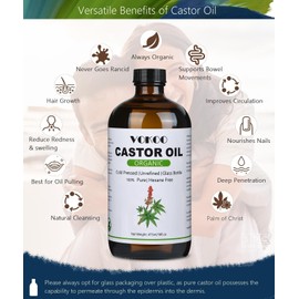 VOKOO ORGANIC Castor Oil Cold Pressed Unrefined Glass Bottle Wellness 16 Fl Oz NEW