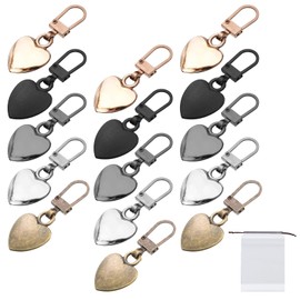 Pack of 15 Zippers, Heart-Shaped Zipper, Removable Zip Pendant, for Clothes, Jackets, Bag, Tents, Luggage, Suitcase, Backpack, with 1 Pocket with Drawstring