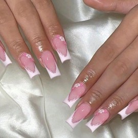 SEMATA White French Tip Press on Nails Square Medium Long Acrylic Fake Nails Press Ons with Glue Flower Glitter Pink Cute Stick on Nail Bling Artificial Glue on False Nail with Designs for Women