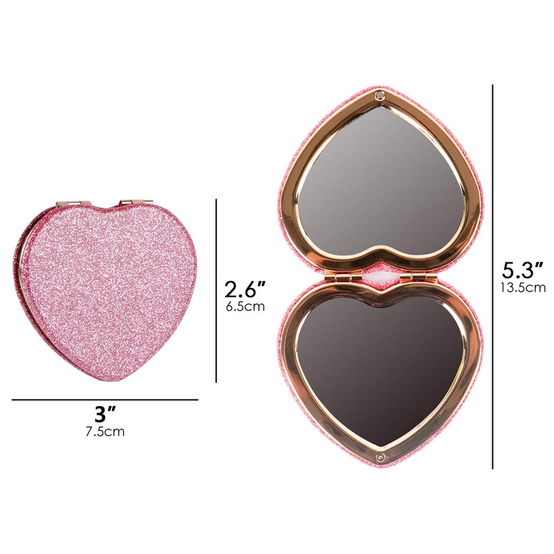 BUNCHBRAVO Compact Mirror Heart Shape for Women, Glittery Pink Double-Sided