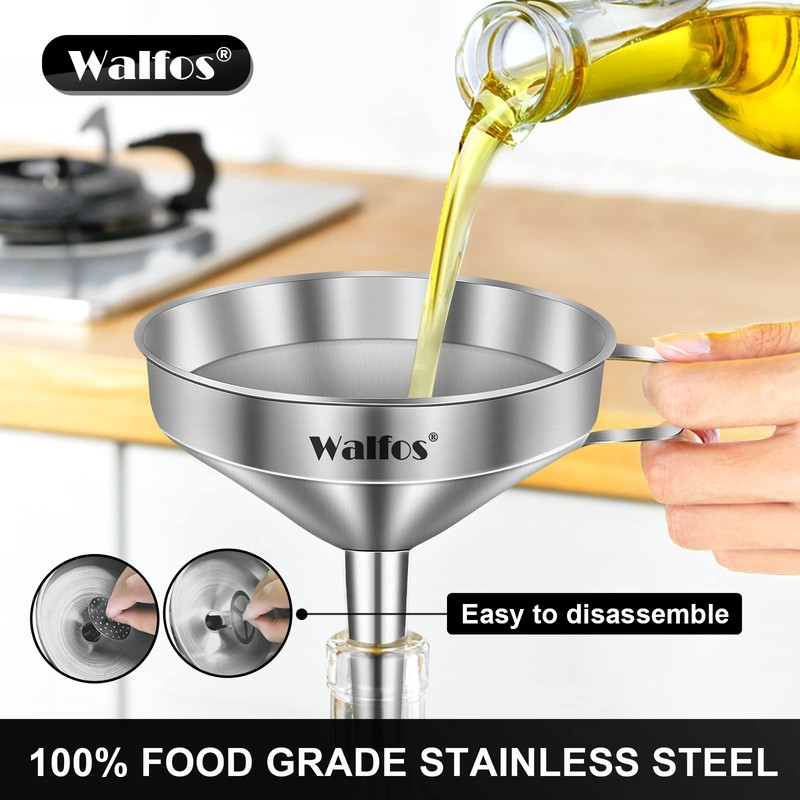 WALFOS Multi-use Stainless Steel Kitchen Funnel with 2 Removable Strainer