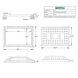 Natotela 20x12 inch Manhole Cover and Frame,Overall Size 22x14in, Clear Opening Size 17.3x9.7, Fiberglass Embedded Sewer Cover lid with Handle,Rectangular Reinforced Steel Septic Tank Lid For Yard