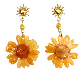 Echte Blumen Gänseblümchen Ohrringe Damen – Handgemachte Resin-Blumenohrringe mit Sonnen-Motiv | Sommerlicher Boho-Schmuck in Gold & Gelb