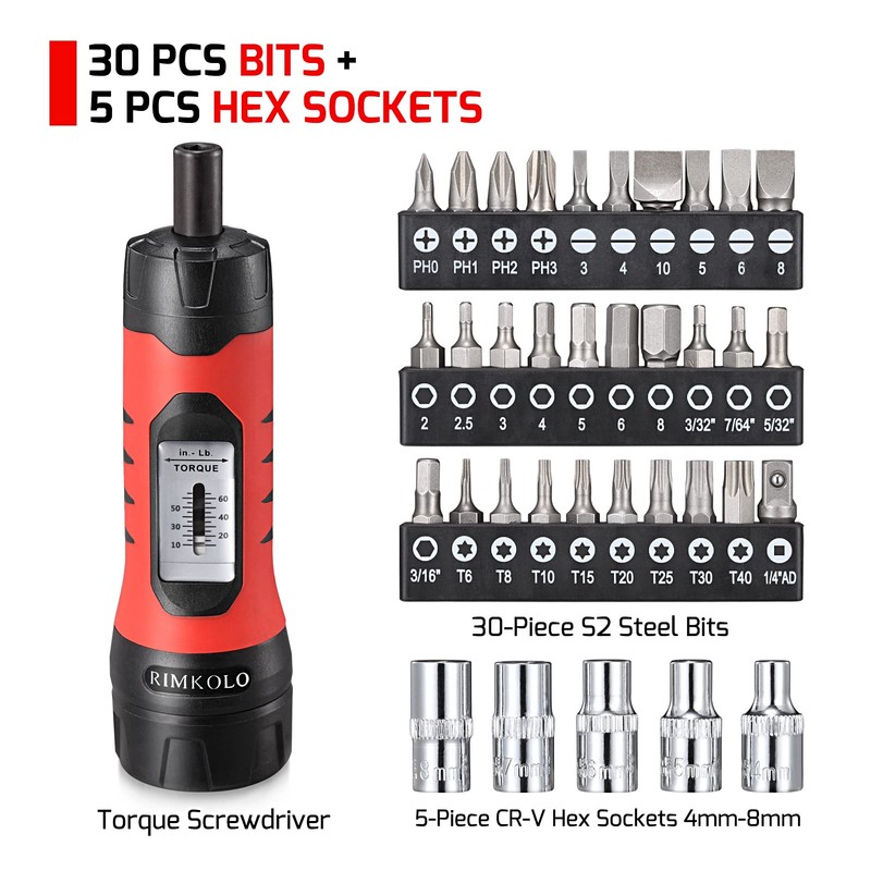 RIMKOLO 1/4" Drive Torque Screwdriver Wrench Set, 36-Piece 10 to