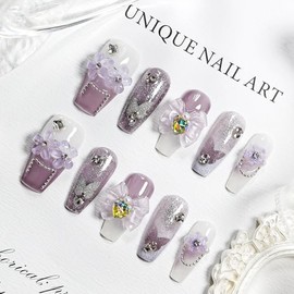 JODSONE Press on Nails Purple with Flower Bow Rhinestone Square Wearable Nails Adhesive Ready to Wear Fake Nail Tips - Small
