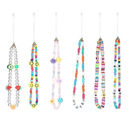 AIEX 6pcs Colourful Phone Lanyard Beaded Phone Charm Wrist Strap Rainbow Smiling Face Clay Flower Fruit Evil Eye Pearl Clay Letters Handmade Acrylic Beads Key Chain Accessory for Women Girls