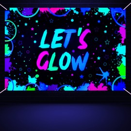 Glow Neon Birthday Backdrop - Glow in The Dark Let’s Glow Banner Background Black Light Themed Party Photography Background Splatter Paint Photo Booth Backdrop, 7x5ft (82.7 x 59 Inch)