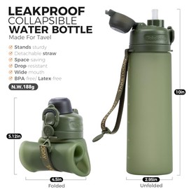 TakeToday Botellas de agua plegables 600 ml, a prueba de fugas, sin BPA, botella de agua plegable de silicona para viajes con correa para pajita para ciclismo, senderismo, al aire libre