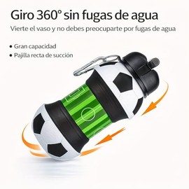 Botella de Agua Plegable con Diseño de Balón de Fútbol, de Silicona Grado Alimenticio, Antifugas, Portátil con Mosquetón, Resistente al Calor y Frío