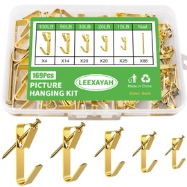 LEEXAYAH 169 Picture Hanging Kit, 10-100lb Picture Hook Sets, Boxed 83 Metal Picture Hangers and 86 Nails, Suitable for Wooden Walls, Plasterboard Picture Hooks.