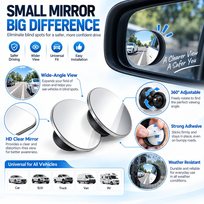 360° Adjustable Blind Spot Mirror for Cars – Wide-Angle Convex