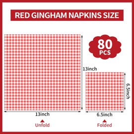80 Pcs Red Gingham Napkins, 6.5X6.5 Inch Red and White Checkered Napkins Plaid Picnic Napkin Gingham Party Supplies for BBQ, Bar, Birthday