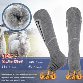 Funyord 2 Pairs Merino Wool Ski Socks for Men, Compression Snowboard Socks, Knee High, Thick Thermal Socks for Cold Weather, Breathable, gray