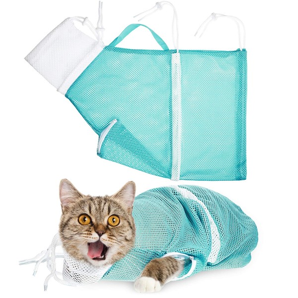 Cat Shower Net Bag Cat Grooming Bathing Bag Adjustable Cat Washing Bag Multifunctional Cat Restraint Bag Prevent Biting Scratching for Bathing, Nail Trimming, Ears Clean, Keeping Calm (Green)
