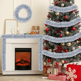 Tifeson 50Ft Christmas Tinsel Garland Xmas Tree Decorations Silver White Metallic Glitter Tinsel Twist Hanging Garland for Indoor Outdoor Christmas Holiday Party Decor