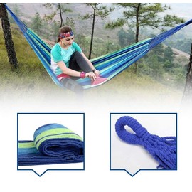 Classic Durable Hammock Cotton Breathable Load Capacity up to 150-200 kg Portable with Carry Bag (Green/Blue Stripes, 80)