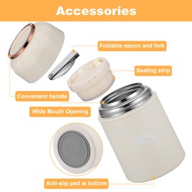 TranRantic Thermal Food Container for Hot Food, 17oz Stainless Steel Double Walled Insulated Food Container, Leakproof Soup Thermos with Foldable Fork and Spoon, Food Jar for Hot Meals (White)
