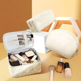 Makeup Bag 3 Pcs PU Leather Waterproof Cosmetic Bag Portable Travel Cosmetic Bag(White)