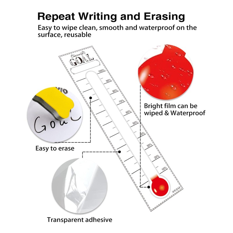 Fundraising Thermometer Chart Goal Tracker, 48"x12" Dry Erase Goal Setting