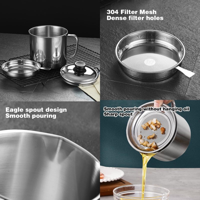 Stainless Steel Grease Container，with Fine Mesh Strainer，for Kitchen Storing Frying