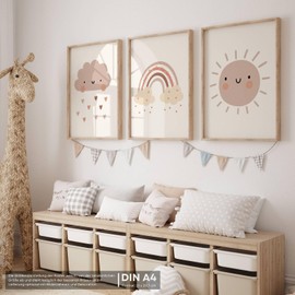 FAVELOT Poster Children's Room Boys & Girls A4 - Rainbow, Sun, Beige Boho - Pictures Baby Room Decoration - German Premium Print - Set of 3 DIN A4