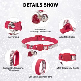 DILLYBUD Rhinestone Cat Collar Breakaway with Bell, Diamond Cat Collar with Safety Buckle Quick Release for Girl Boy Small Kitten Pets Puppy,Cute Soft Female Male Cat Collars, Color Red 7-9"