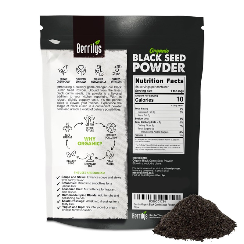 Berrilys Organic Black Seed Powder - Nigella Sativa, Ground Kalonji,