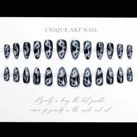 LPOODDNU Almond Press on Nails - Medium Black Fake Nails with Marble Designs, Glossy Finished Reusable False Nails with Double Adhesive Glue Tabs - 24Pcs Nail Kit for Women Manicure