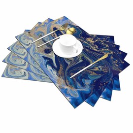 Walmsco Placemats Blue Gold Marble Style Decor For Dining Room Kitchen Table,Waterproof Non-Slip Washable Heat Resistant Placemats,Set of 4,12"x18"