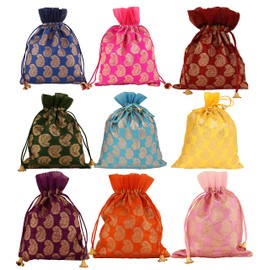 Touchstone Drawstring Bags Traditional Indian Handcrafted in Paisley Pattern Brocade Fabric. Perfect for Gifts Jewelry Weddings Sweet Distribution Set of 9 Vibrant Multicolor Pouches Purses Potli.