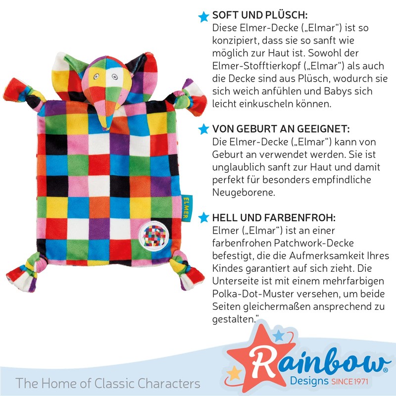 Rainbow Designs EL1448 Elephant Elmer Comfort Blanket, Baby