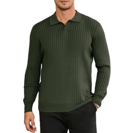 Hardaddy Men's Ribbed Knit Sweater Casual Long Sleeve Polo Sweater Collared V Neck Polo Shirts Solid Pullover Tops Green XL