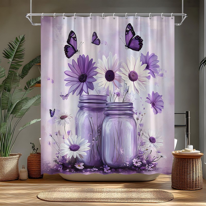 FAXTOZ Rustic Purple Butterfly Daisy Floral Glass Jar Shower Curtain,