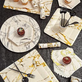 Elegant Marble Gold Loaf Rectangular Disposable Paper Platter - 16" x 7" (Pack of 3) - Perfect for Serving Bread, Cakes, & Desserts at Special Events