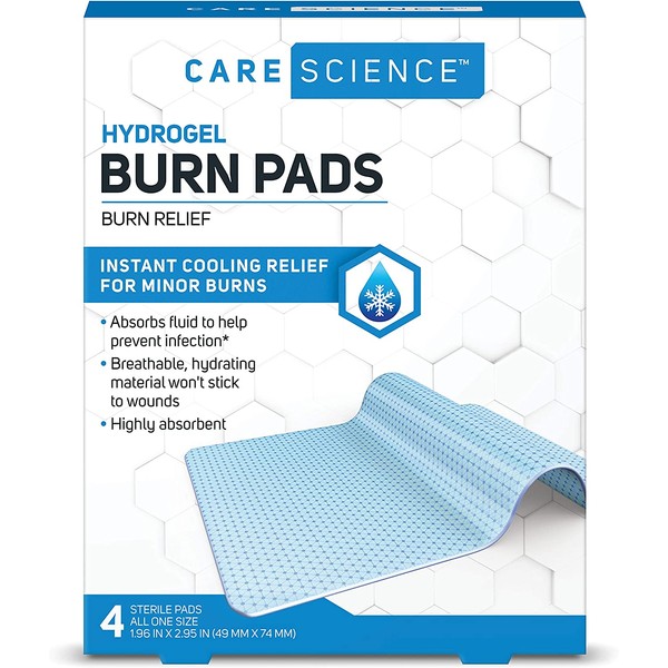 Care Science Hydrogel Sterile Burn Pads & Wound Dressing for Burn Relief, 4 ct | Instant Cooling Relief for Minor Burns