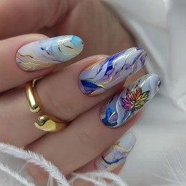 TBRZTR Thanksgiving Press on Nails Medium Almond Fall Maple Leaves False Nails with Blue Marbling Design Blue Smudge French Coffin Nails Full Cover Acrylic Nails Reusable Glue on Nails for Women