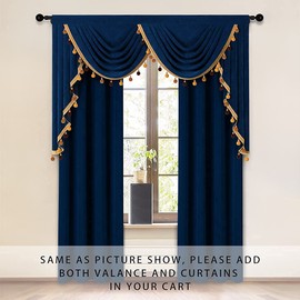 ELKCA Navy Double-Sided Velvet Waterfall Valance with Pom Pom Tasseled for Living Room Navy Velvet Curtain Swag for Bedroom,Rod Pocket (W59,1 Panel)