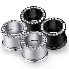 WPGLOOK 4pcs 1/2"(12mm) Ear Gauges Tunnels Plugs: Black and Silver Stainless Steel CZ Double Flared Screw Ear Tunnels Hollow Ear Piercing Expander Stretcher for Women