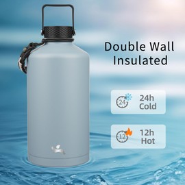 Konokyo Gallon Insulated Water Bottle with Straw,128 oz 3 Lids Water Jug with Carrying Bag,Paracord Handle, Double Wall Vacuum Stainless Steel Metal Flask,Storm Blue