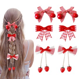 6 Pcs Strawberry Cherry Bow Hair Clips Red White Plaid Ribbon Bowknot Decor Alligator Hair Barrettes Cute Kawaii Christmas Hairpins Hair Accessories for Women Girls