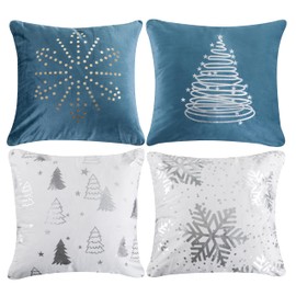 Home Beyond & HB design - 4-Pack Christmas Cushion Covers - Metallic Printed Velvet Pillow Covers with Snow Trees Design - Nave Blue White 18x18 Inch