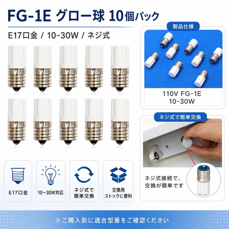 E17 Base Glow Bulb, 10-30W, Set of 10, Screw Type