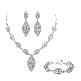 Flyonce Wedding Jewelry Set Rhinestone Crystal Bridal Leaf Necklace Link Bracelet Drop Dangle Chandelier Earrings Clear Silver-Tone
