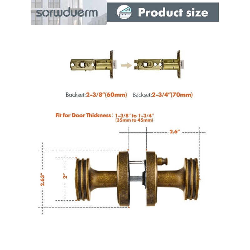 SORWDUERM 2 Pack Antique Brass Bronze Door Knob Interior Privacy